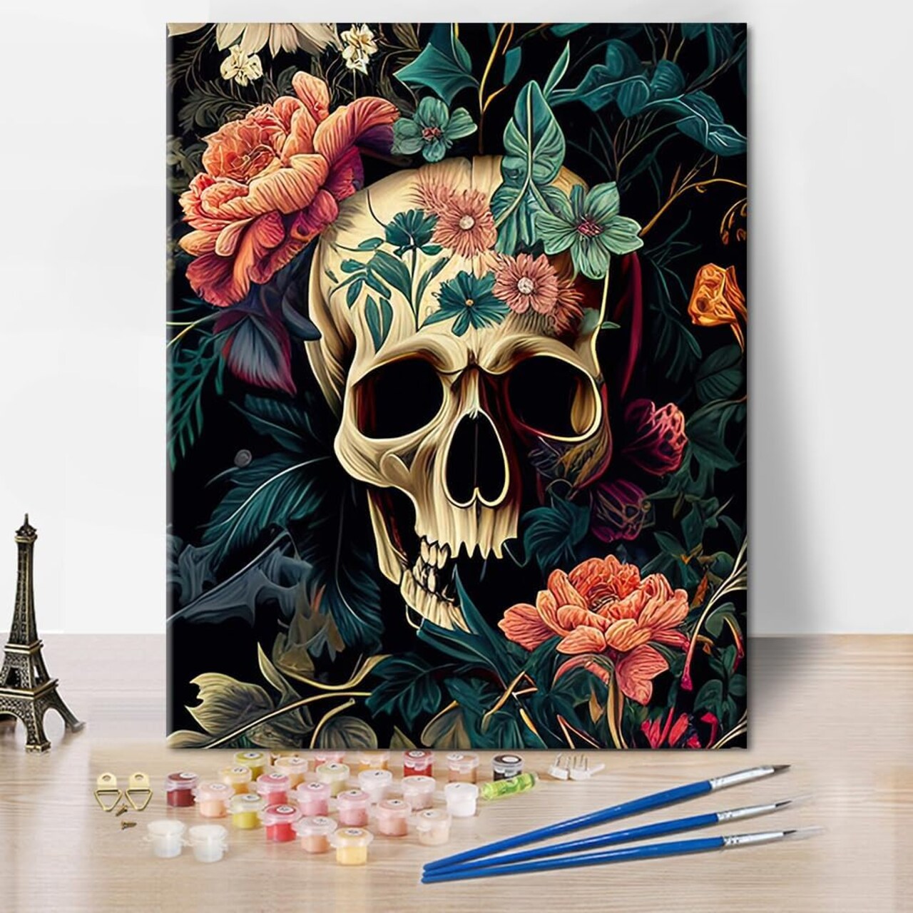 Skull Paint by Numbers Skull and Colorful Flowers Paint by Numbers Kit for Adults DIY Halloween Paint by Numbers for Adults Home Wall Decoration Handicraft Painting 16x20 Inch (Frameless)